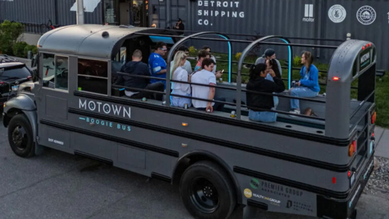 Music-themed Detroit nightlife party bus interior