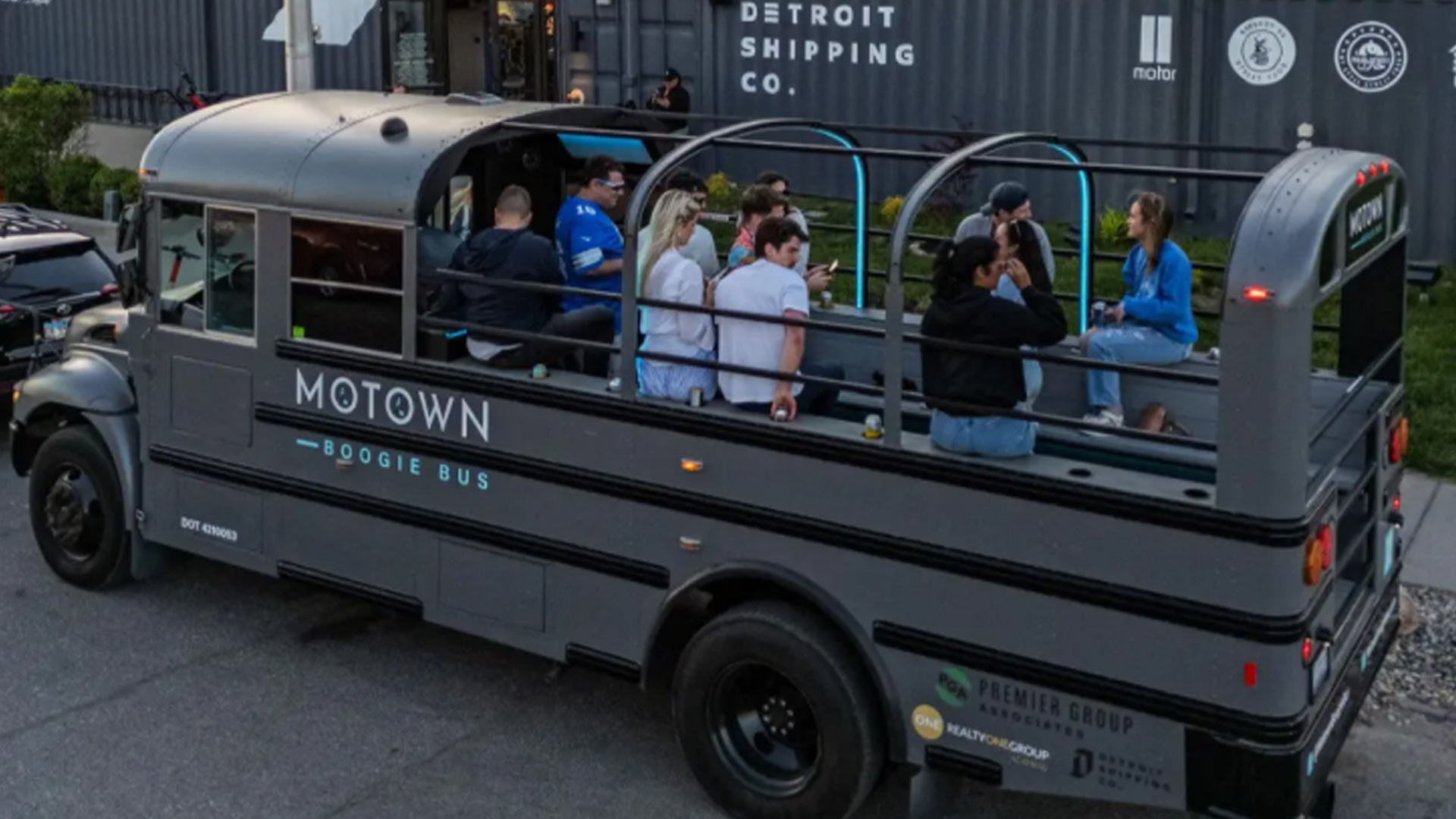 Music-themed Detroit nightlife party bus interior